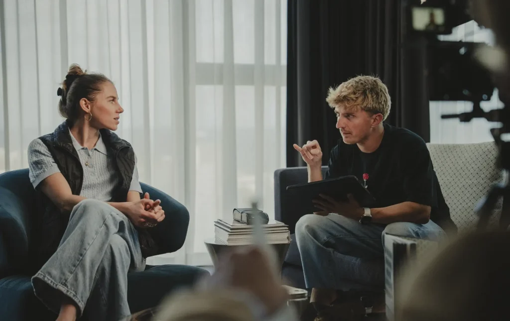 Director Nathan Caselton on film set with actress Alessia Hatch.