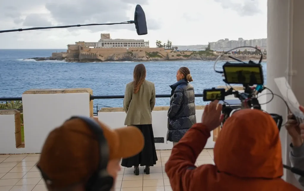 Actors filming scene in St Julians Malta